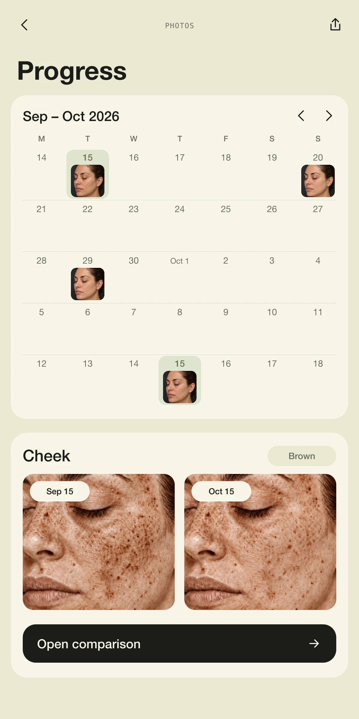 Progress calendar with small photos on capture dates.